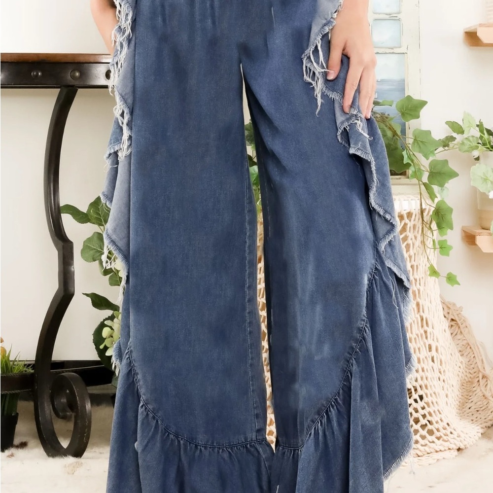 Wide Leg Frayed Denim / tencil Pants - Blue